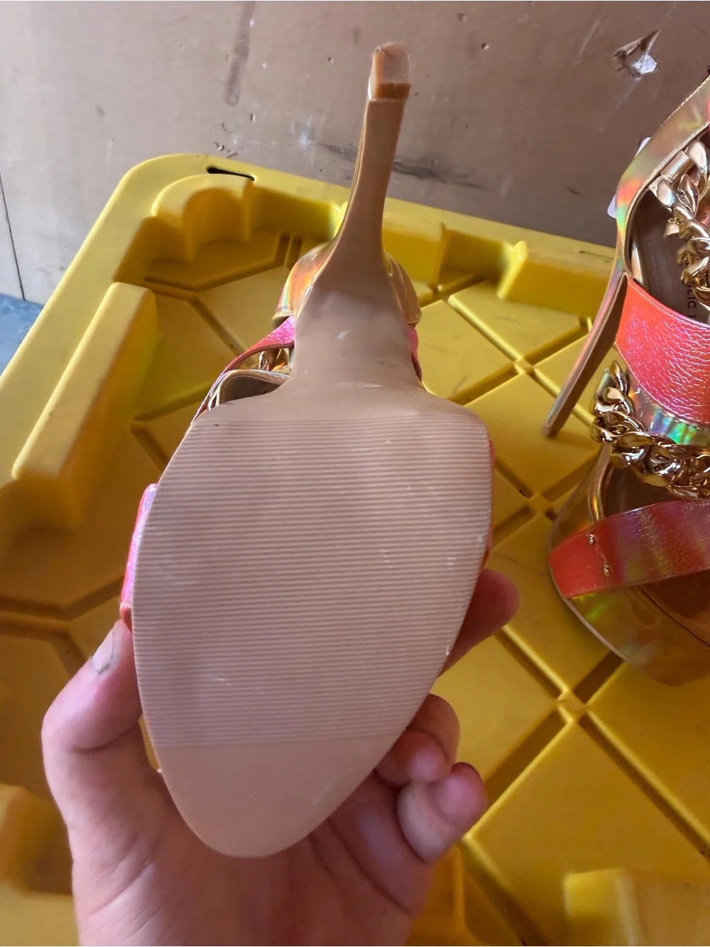 Shoe Republic LA Iridescent Pink Platform Heels with Gold Chain